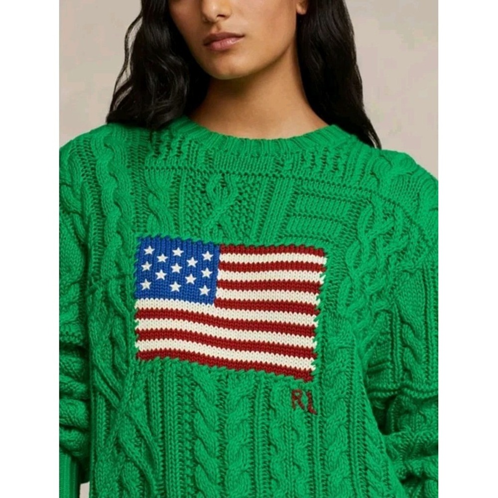 NEW! Polo Ralph Lauren Wms Aran Knit 100% Cotton Flag Stem Green Sweater XS $298